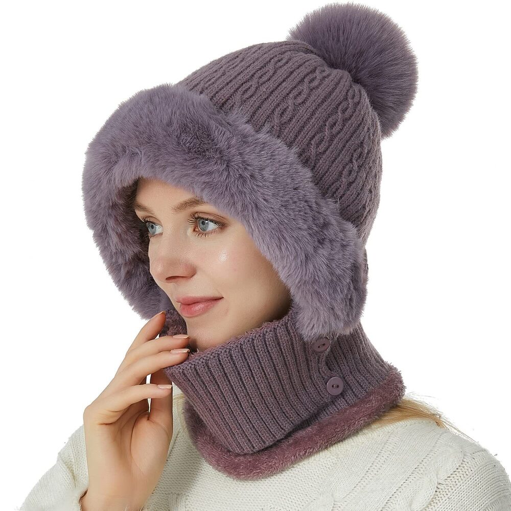 7668 Winter Knit Balaclava One Piece Skull Beanie Hat Neck Circle Scarf Set